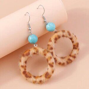 Animal Print Faux Fur Hoop Turquoise Western Boho Style Earrings Costume Light